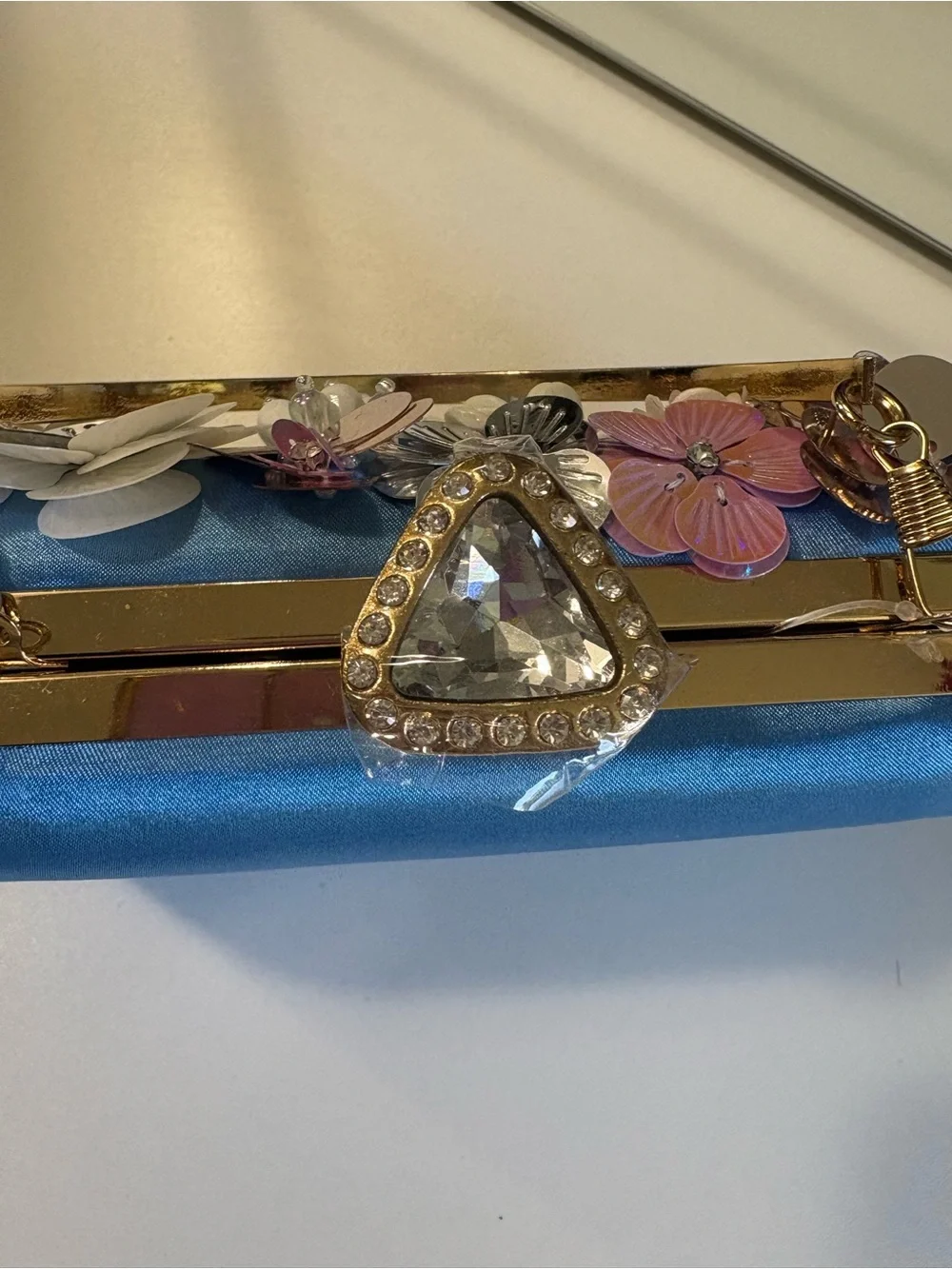 bebe Blue Floral Sequin Evening Clutch with Gold Handle